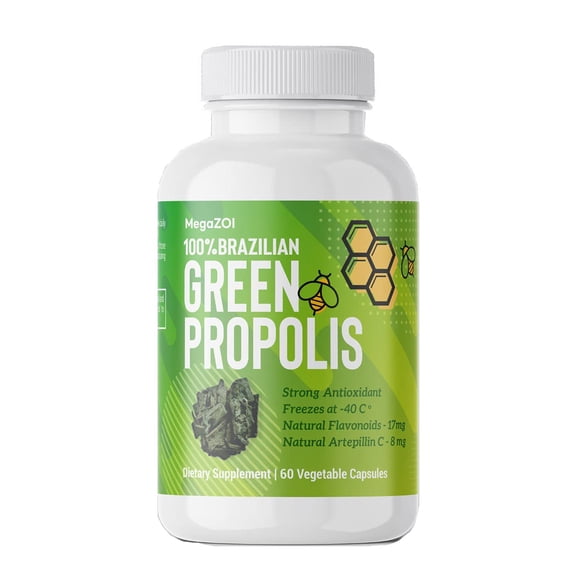 MegaZOI 100% Brazilian Green Propolis Enriched 250mg, Immune Support, 60 Vegetable Capsules