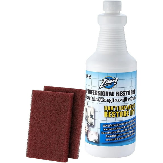 ZAP! Professional Tile & Grout Restorer | Cleans & Restores Porcelain, Fiberglass, Tile, & Grout Surfaces | Rust & Hard Water Remover | Kitchens & Bathroom Porcelain Sinks, Toilets, & Tubs