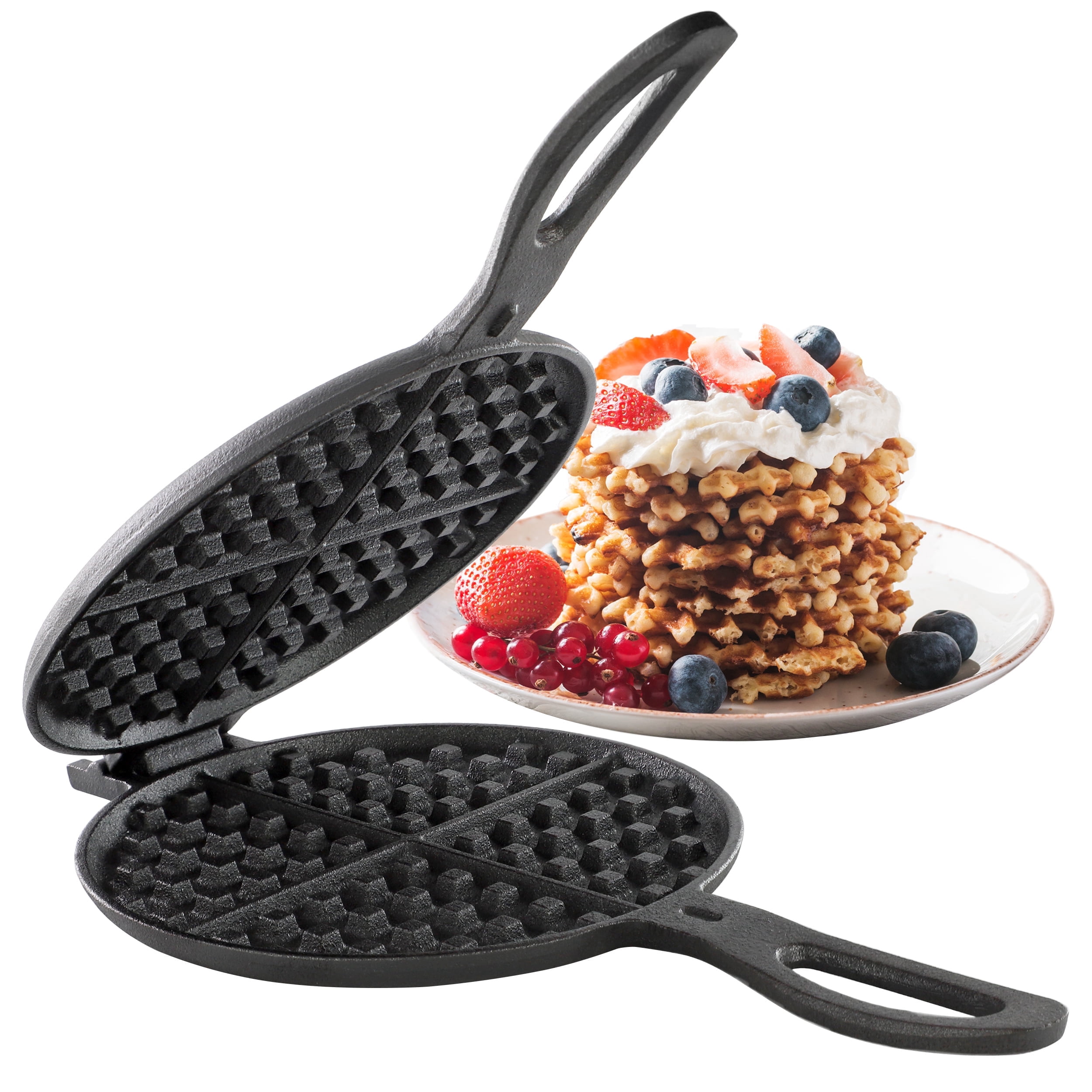 MegaChef 6.7 Inch Round Cast Iron Waffle Iron for Outdoor/Camping Cookware with Long Handle