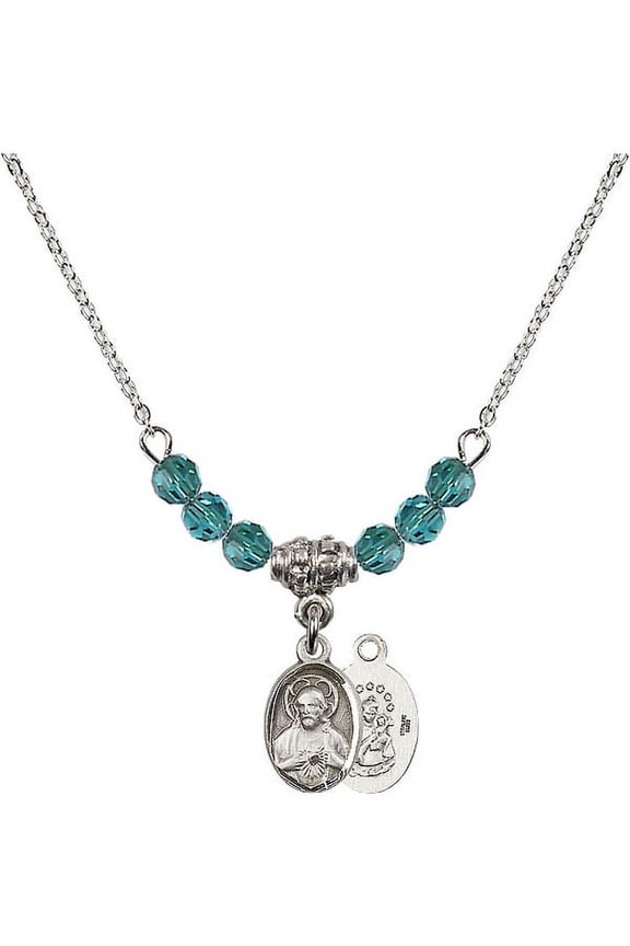 18-Inch Rhodium Plated Necklace with 4mm Blue December Birth Month Stone Beads and Scapular Charm