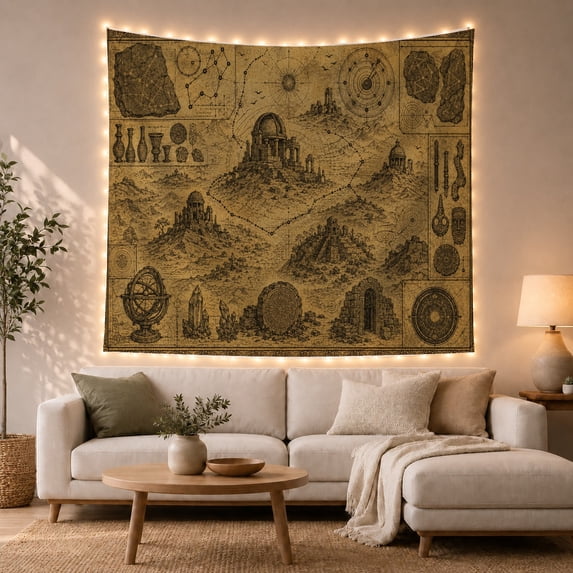 Megalithic Ruins and Artifacts Map in Sepia, Mysterious Vintage for History Lovers, Archaeological Decor, Housewarming Gift Tapestry Wall Hanging for Living Room and Bedroom
