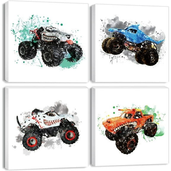 Megalodon Monster Truck Canvas Wall Art Kids Room Decor Watercolor Monster Trucks Wall Decor Cartoon Vehicle Toys Pictures Car Posters for Boys Toddler Bedroom Bathroom Home Decorations 16×16" 4 Pcs