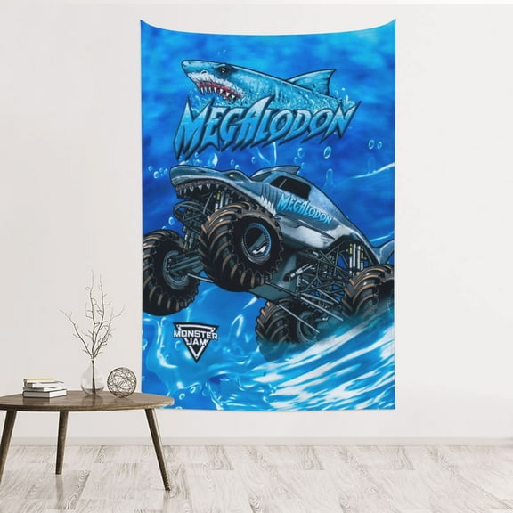 Megalodon Monster Trucks Tapestry Banner 60 X 40 inch Decor Art Tablecloth Wall Hanging Mural for Bedroom Dorm