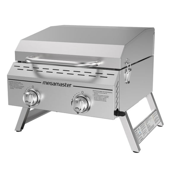 Open Box Megamaster 2-Burner Stainless Steel Portable Gas Grill with Built-In Lid, 16,000 BTUs, Foldable Legs, Small Propane Grill for Outdoor Cooking, Camping, BBQs, Patios, Tabletop, and Gardens - 820-0033M