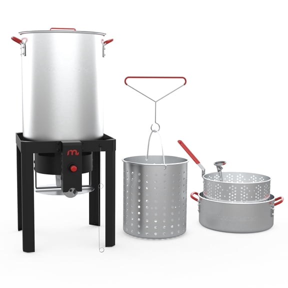 Megamaster 30QT Turkey Fryer and 10.5QT Fish Fryer Kit, Aluminum Fryer Steamer Kit with Basket and 50,000 BTU Burner, Outdoor Deep Fryer with 10 PSI Regulator for Turkey, Fish, Crawfish, Crab