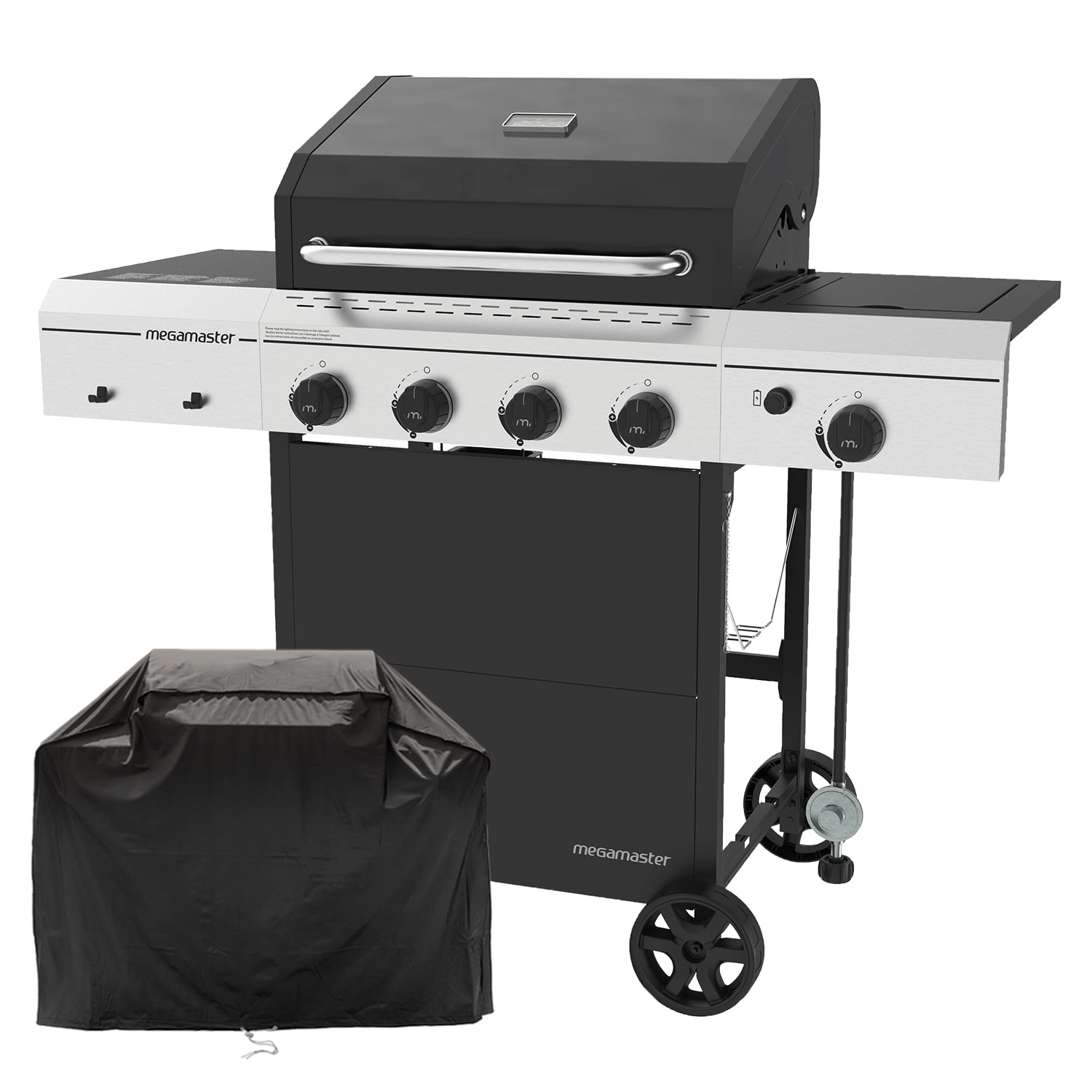 Megamaster 4-Burner Stainless Steel Propane BBQ Grill, Outdoor Barbecue Griller with Side Burner & Cover