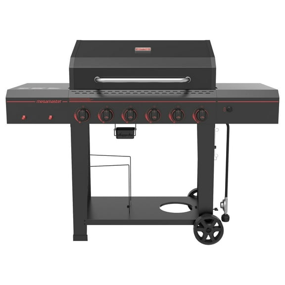Megamaster 6-Burner Propane Gas Grill with Side Tables, Accessory Hooks, 54,000 BTUs, 753 SQ. In. Cooking Space, 2 Wheel Transport, Outdoor Kitchen Grill for BBQs, Backyards, and More - 720-0983