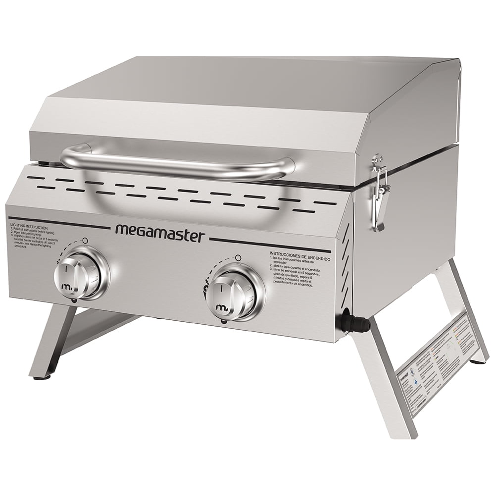 Megamaster Stainless Steel 2-Burner Flat Top Propane Gas Grill, Great for Outdoor Cooking, Camping, & Barbecues, Portable, 820-0033M