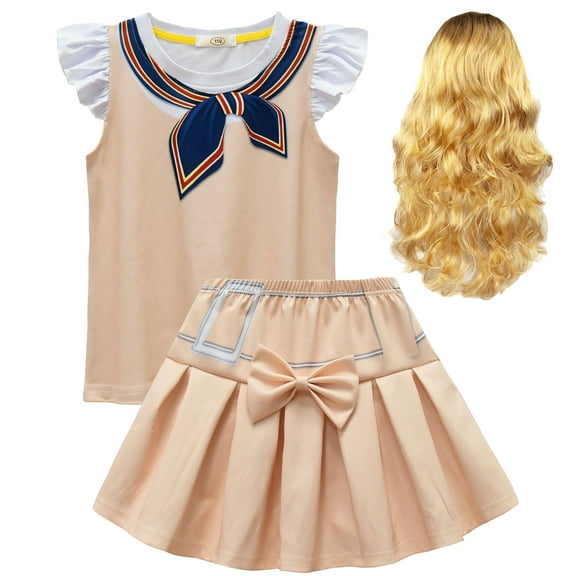 Megan Cosplay Costume with WigGirls Kids Cartoon Short Sleeve Tutu Skirt 2Pcs Outfit, Size 4-9