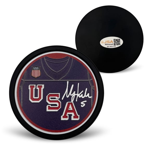 Megan Keller Autographed USA Olympic Signed Jersey Hockey Puck JSA Witness Authenticated COA