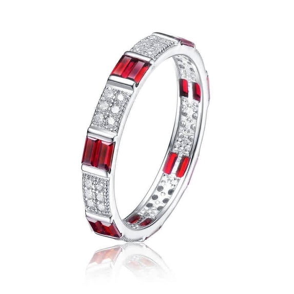 Megan Walford Sterling Silver Round with Red Baguette Cubic Zirconia Two Row Eternity Ring