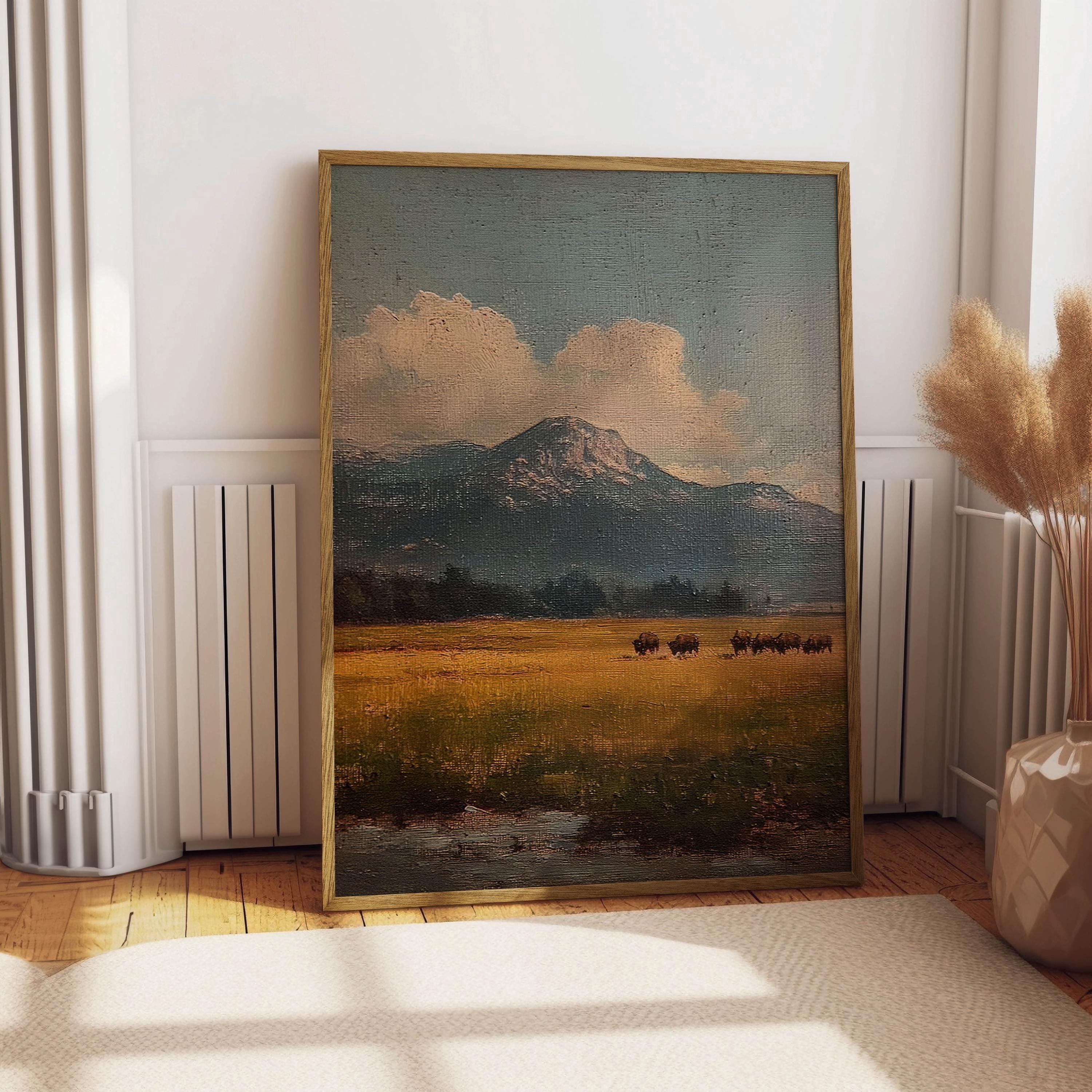Megas Bison Grazing In A Field Vintage Oil Painting Poster Rustic ...