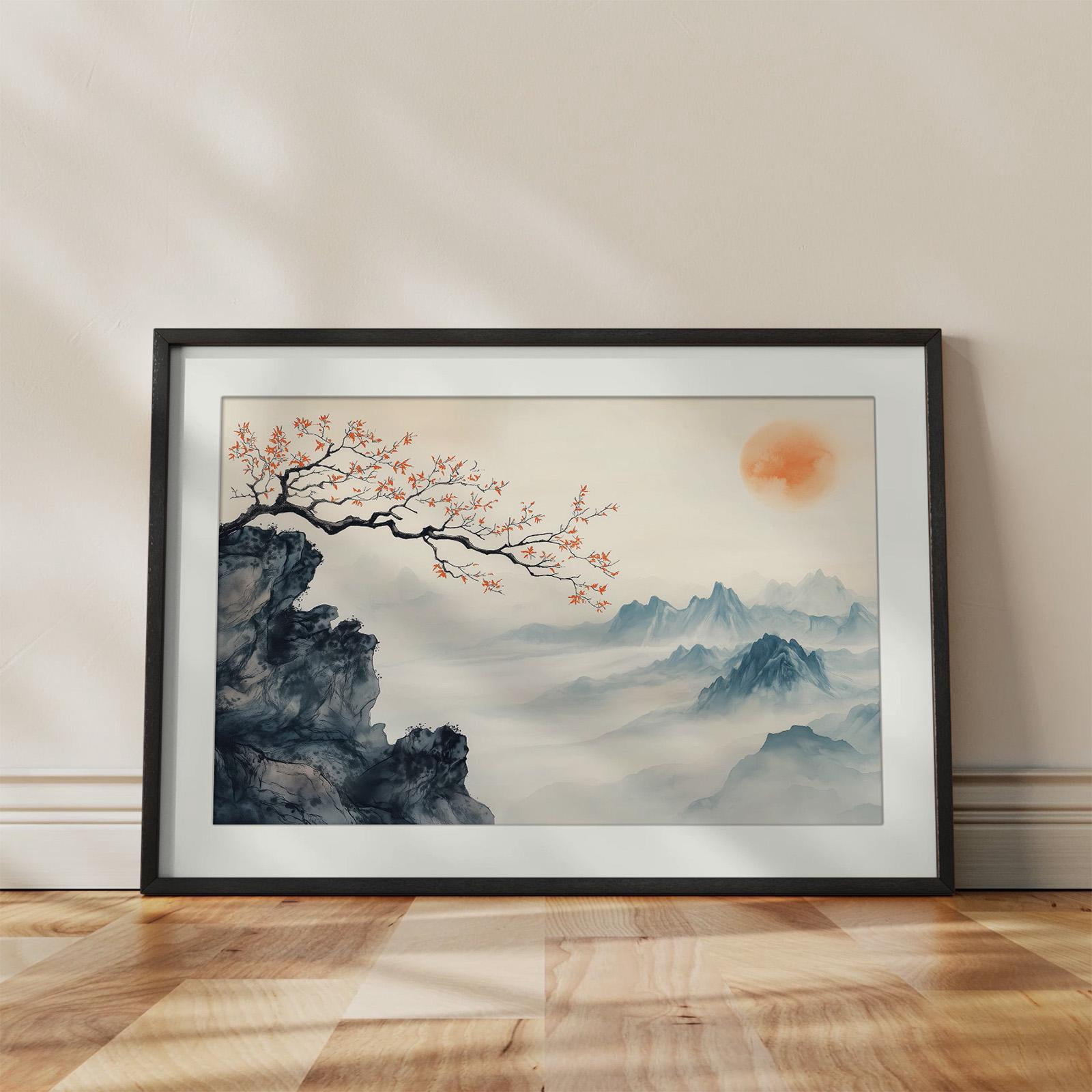 Megas Japanese Sumie Mountain Landscape Poster Minimalist Ink Wash Art ...