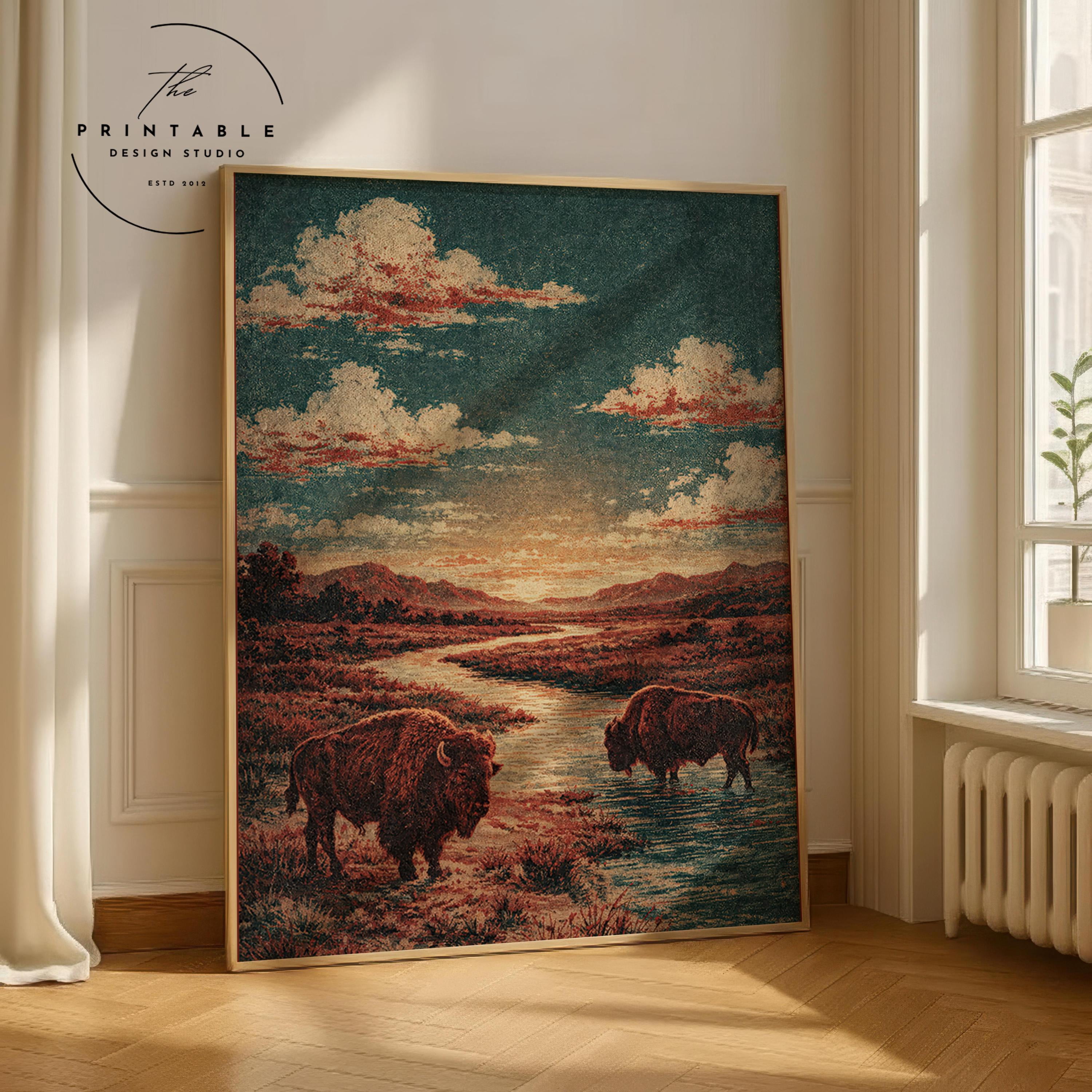 Megas Vintage Bison Wall Art Retro Western Poster Desert Landscape ...