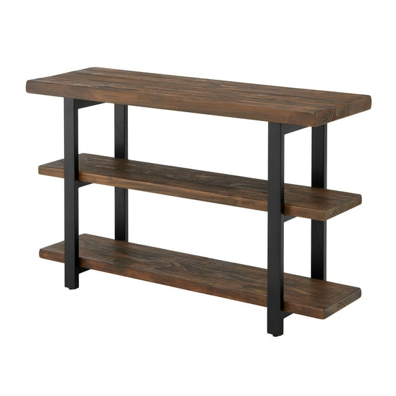 Alaterre Furniture Pomona 48" Solid Pine Wood Media Console Table with 2 Open Shelves and Metal Legs, 3-Tier Storage Display and Rustic Industrial Accent Furniture, Natural