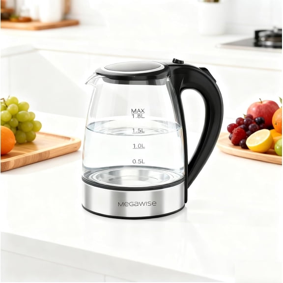 Megawise Electric Glass Kettle with Auto Shut-Off (1.8L) - Fast Heating Borosilicate Tea Maker for Home