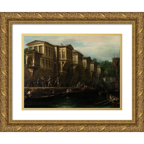 Megerdich Jivanian 14x12 Gold Ornate Wood Frame and Double Matted Museum Art Print Titled - Said Paşa Waterfront Mansion