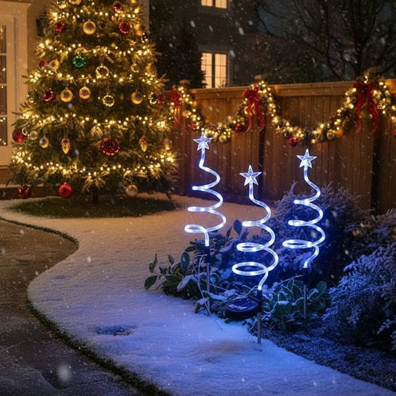 Meggemo 1 to 3 Solar Christmas Tree Ground Stake Lights Energy Saving LED Decor Waterproof Design Reusable Xmas Lighting for Outdoor Garden Yard Lawn Holiday Displays