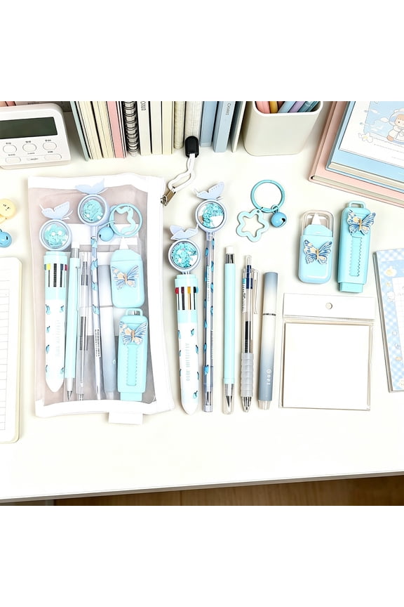 10 Piece Stationery Set Multi Color Pen Highlighter Correction Tape Eraser Pencil Case 8.7x4.9x0.79 Inch Home Office Desk
