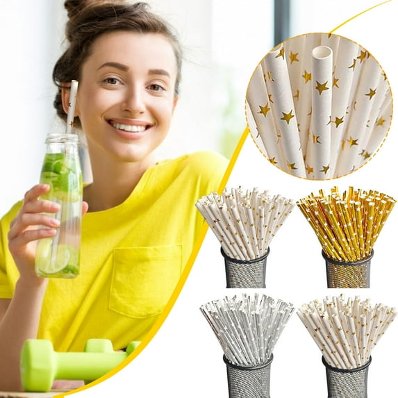 Meggemo 100PC Disposable Biodegradable Paper Straws Colored Gold Foil for Parties Weddings Home Bar Eco Friendly Safe for Drinks Easy to Dispose