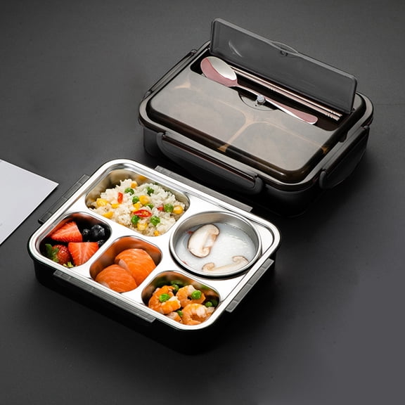 Meggemo 11.2×8.66×2.8in 304 Stainless Steel Lunch Box 5 Compartments 1500ml Capacity Sealed Lid Hot Water Compatible Food Container For Daily Meals