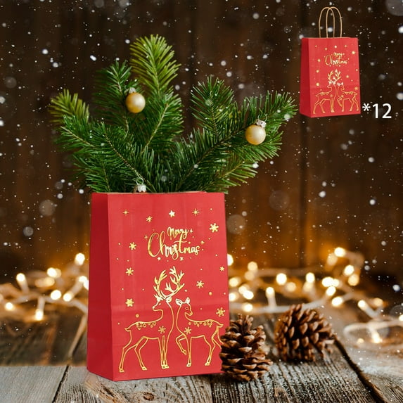 Meggemo 12 Pack Christmas Themed Kraft Paper Gift Bags Hand held Xmas Bags Holiday Season Gift Packaging Home Party Decor Reusable