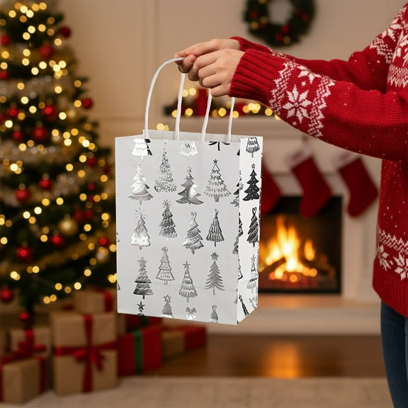 Meggemo 12pcs Silver White Christmas Snowflake Gift Bags Reusable Hand held Xmas Bags Holiday Season Gift Packaging Home Party Decor