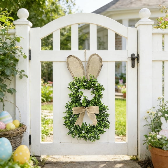 Meggemo 19.7 Inch Easter Bunny Shape Wreath Rattan Vine Circle Form Holiday Home Door Wall Decoration Spring Festive Wreath Accent