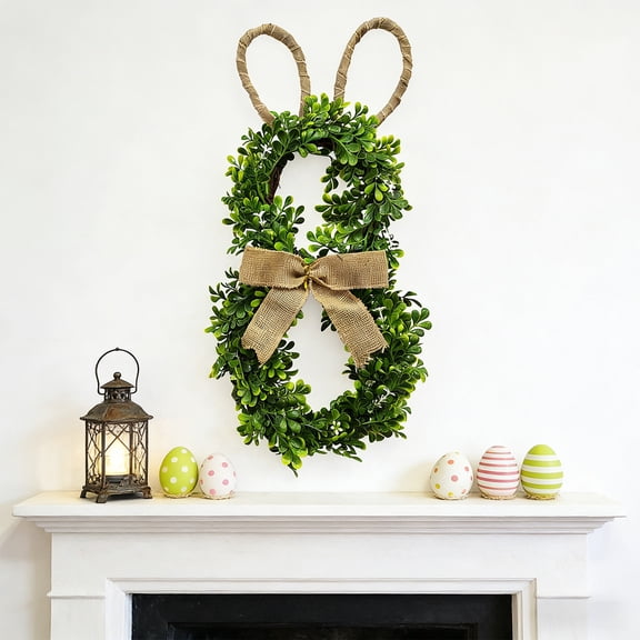 Meggemo 19.7 Inch Easter Bunny Shape Wreath Rattan Vine Circle Form Holiday Home Door Wall Decoration Spring Festive Wreath Accent