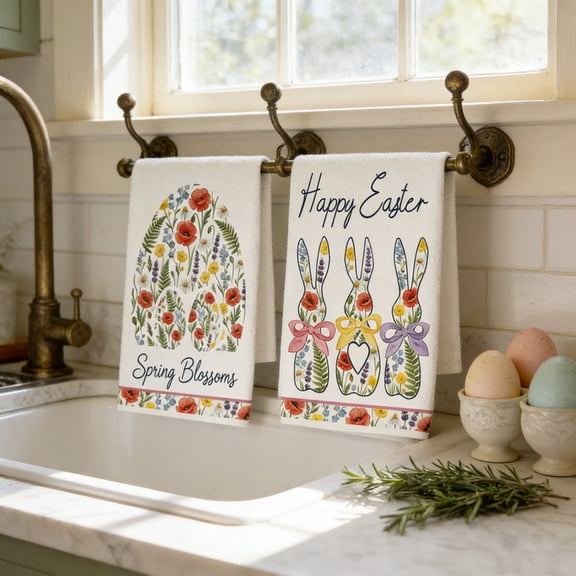 Meggemo 2 Pack Easter Kitchen Towels 24x16 Inches Hand Dish Drying Cloths Absorbent Cotton Spring Themed Decor with Prints