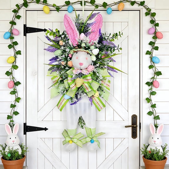Meggemo 24 Inches Easter Bunny Decorative Wreath Artificial Plant Door Hanger for Spring Holiday Home Decor Welcome Sign and Entryway