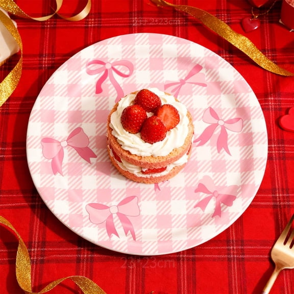 Meggemo 24 Pcs Valentine's Day Themed Tableware Set Paper Cups Plates Napkins Bow Design Disposable Party Supplies Pack