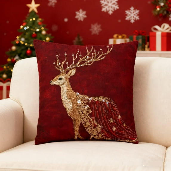 Meggemo 2D Elegant Gemstone Reindeer Pillow Cover Xmas Decorative Cushion Case For Sofa Living Room Home Holiday Decor
