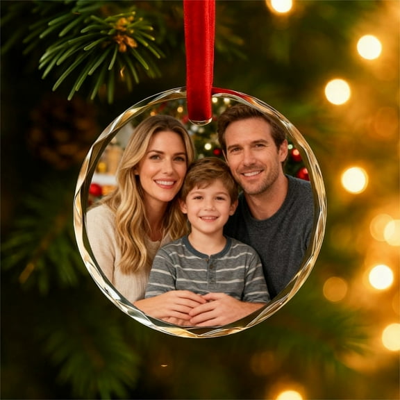 Meggemo 3.1in Personalized Round Christmas Ornament Custom Text Pattern 2D Glass Hanging Charm with Blue Gift Box Holiday Party Decor