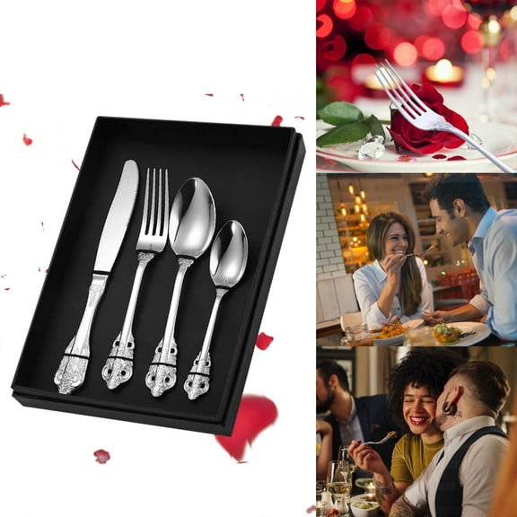 Meggemo 304 Stainless Steel Western Dinnerware Set 4 Pieces Embossed Steak Knife Fork Spoon Gift Box Home Dining Parties Weddings Elegant Tableware