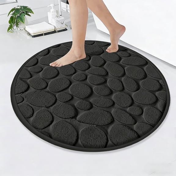 Meggemo 31.5 Inch Large Round Pebble Bath Mat Massage Stone Texture Non Slip Super Absorbent Quick Dry Rug for Bathroom Shower Tub Floor