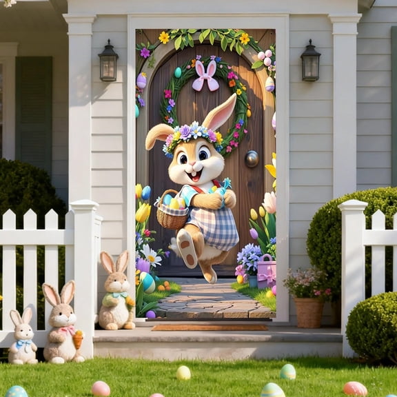 Meggemo 35.4x70.9 Inch Easter Egg Bunny Door Curtain Panel Holiday Party Celebration Decoration Home Entryway Divider Lightweight Printed Fabric