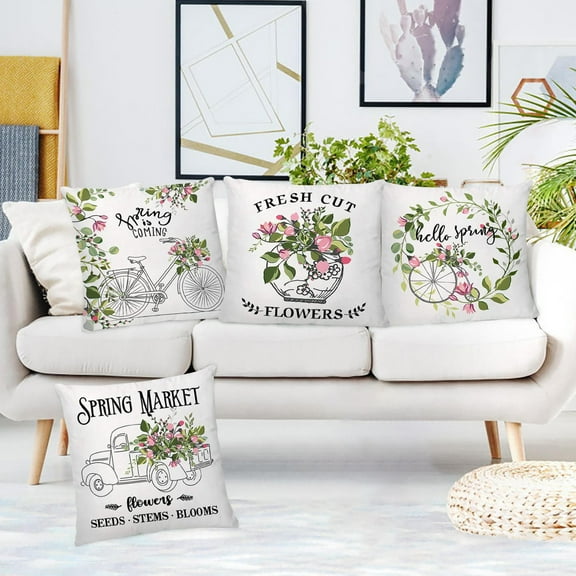 Meggemo 4 Pack Spring Vibes Pillow Covers 17.7x17.7 Inches Soft Comfortable Decorative Design Perfect For Sofa Bedroom Living Room Home Decor