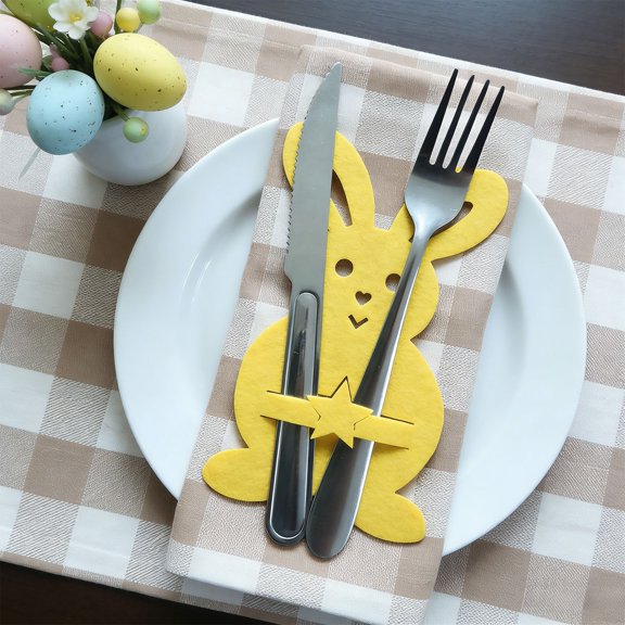 Meggemo 4Pcs Easter Bunny Felt Cutlery Holder Flatware Wraps Napkin Ring Holiday Table Place Setting Party Decor Reusable Festive Spring Design