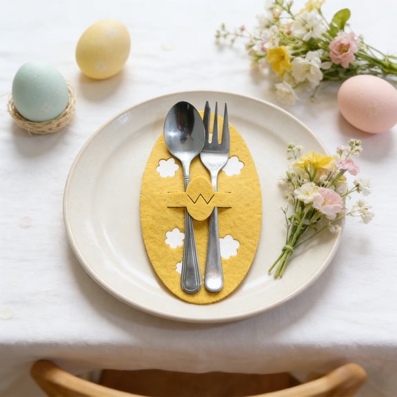 Meggemo 4Pcs Easter Egg Felt Cutlery Holder Flatware Wraps Napkin Ring Holiday Table Place Setting Party Decor Reusable Festive Spring Design