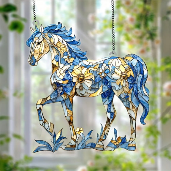 Meggemo 7.9x7.9 Inch Colorful Horse Sun Catcher Crystal Pendant Window Decor Rainbow Prism Effect Hanging Ornament