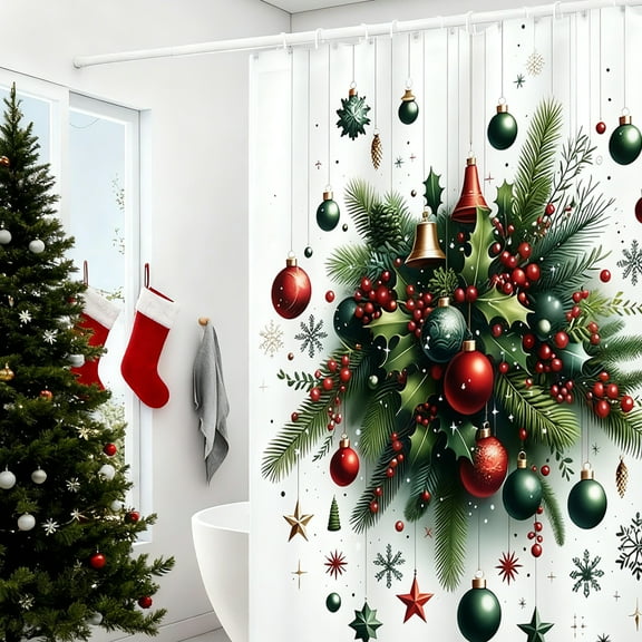 Meggemo 70x70 Inch Classic Pattern Christmas Shower Curtain Fabric Bathroom Decor Shatterproof with 12 Hooks No Drill Installation Home Holiday Bathroom Decor