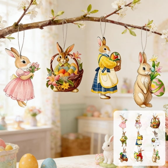 Meggemo 9 Pcs Wooden Bunny Hanging Ornaments Dangling Easter Decorations for Spring Party Tree Branch Mobile Craft