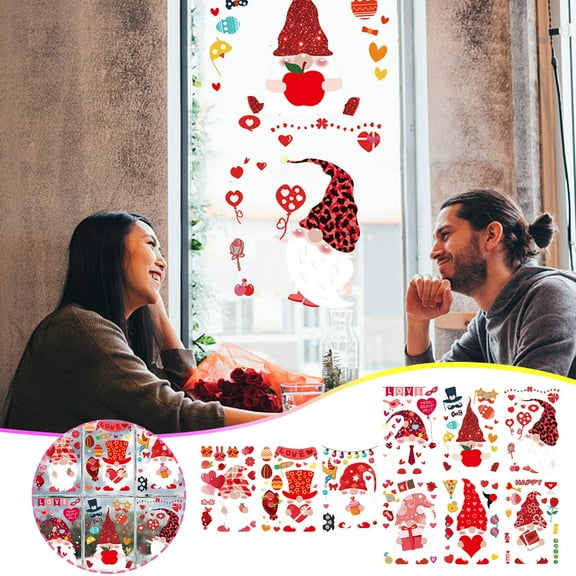 Meggemo 9PCS 2025 Valentine's Day Static Window Clings Creative Heart Rose Stickers Reusable Glass Window Decals Home Office Storefront Party Ambiance