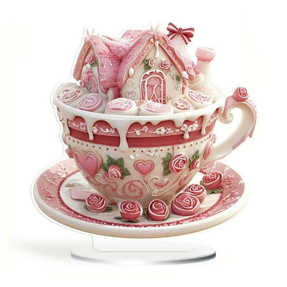 Meggemo Acrylic Waterproof Wear Resistant Pink Heart Cupcake Tabletop Decor Valentine's Day Romantic Love Decoration Cute Sweet Desktop Ornament for Living Room Dining Table