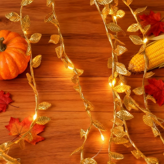 Meggemo Artificial Golden Leaf Copper Wire Light Garland LED String Lights Modern Decorative Lights For Home Mantle Holiday Decor