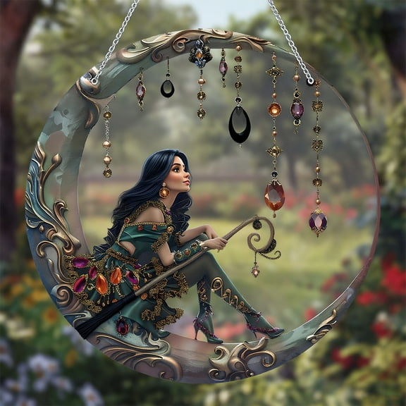 Meggemo Black Moon Witch Ornaments Hanging Pendants for Christmas Tree Home Holiday Season Gothic Decor