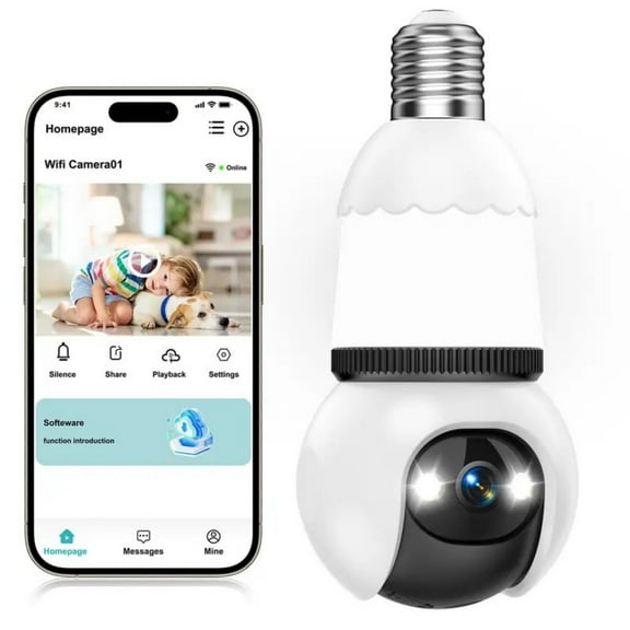 Meggemo Bulb Style WiFi Security Camera 360 Degree Night Vision 2MP HD Home Surveillance Remote View via Phone App Indoor Outdoor Use