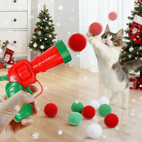 Meggemo Christmas Cat Interactive Toy Set Silent Ball Launcher Pet Pom Pom Toy Safe Fun Plaything for Cats Home Holiday Season Pet Supplies