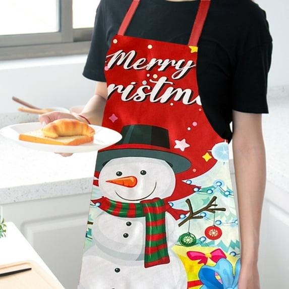 Meggemo Christmas Fabric Printed Santa Apron Kitchen Decor Restaurant Bar Party Accessory Holiday Season Cooking Craft Apron
